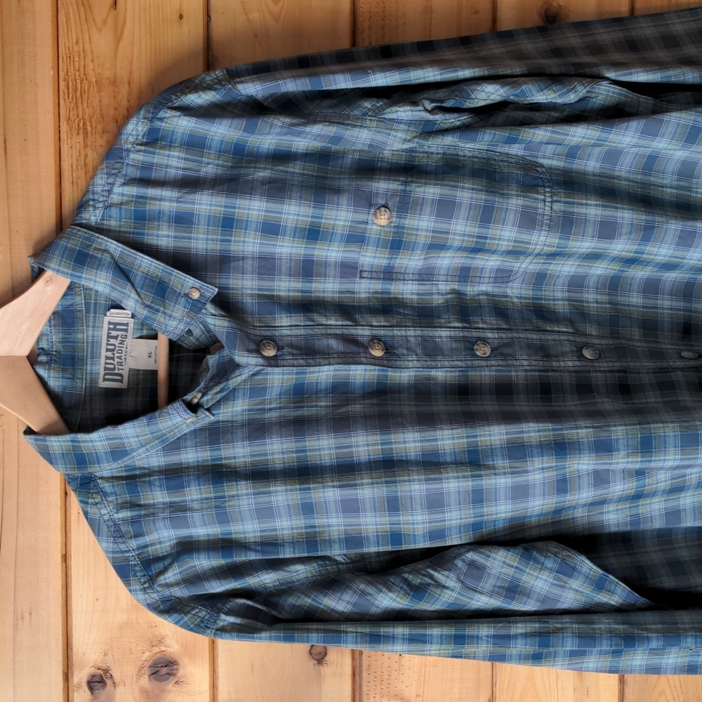 Duluth Shirt green blue plaid collared cotton button down XL